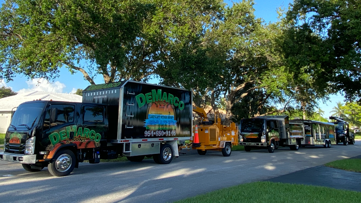 DeMarco Landscaping fleet of branded trucks
